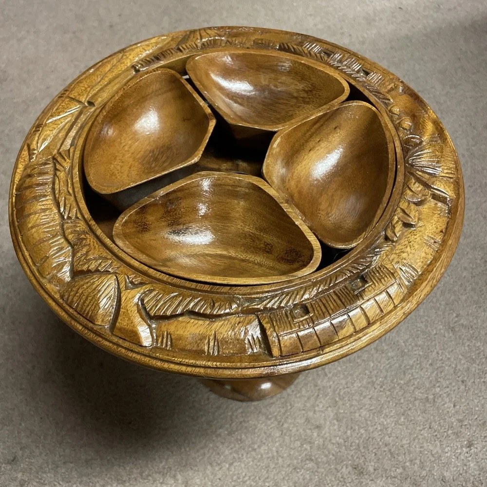 Tiki Monkey Hand Made Wood‎ Pod Two Tier Server CIRCA 1970s 6 Pc